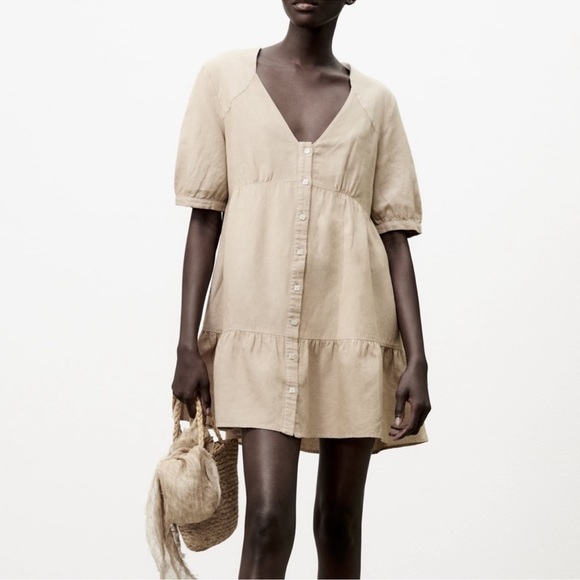 Zara Dresses & Skirts - Zara Linen Blend Tiered Dress in Sand